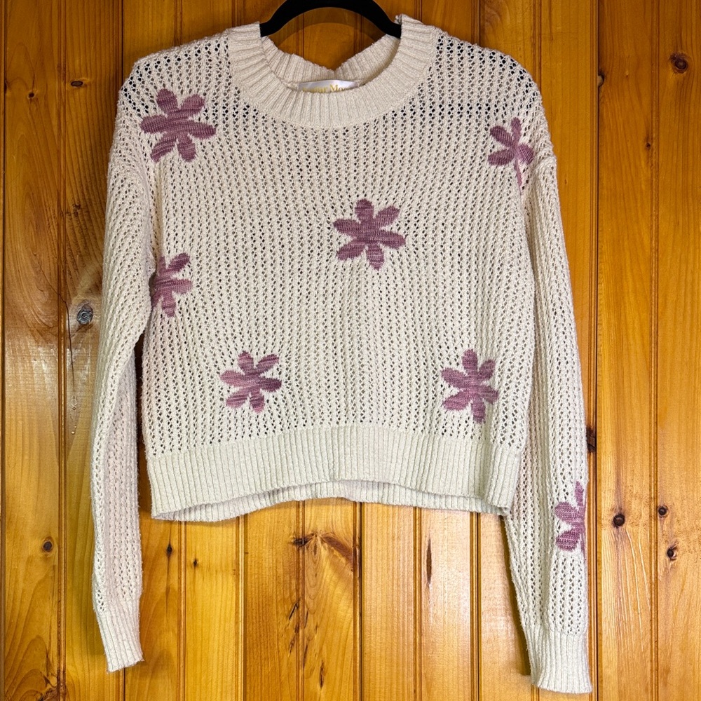 Sugar Moon Chic Cream Sweater with Purple Floral Design